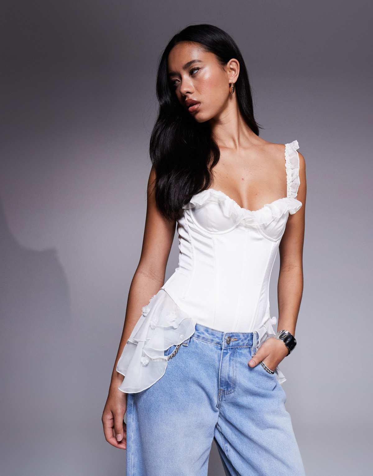 Oh Polly Caelie 3D floral applique ruffle playsuit in white