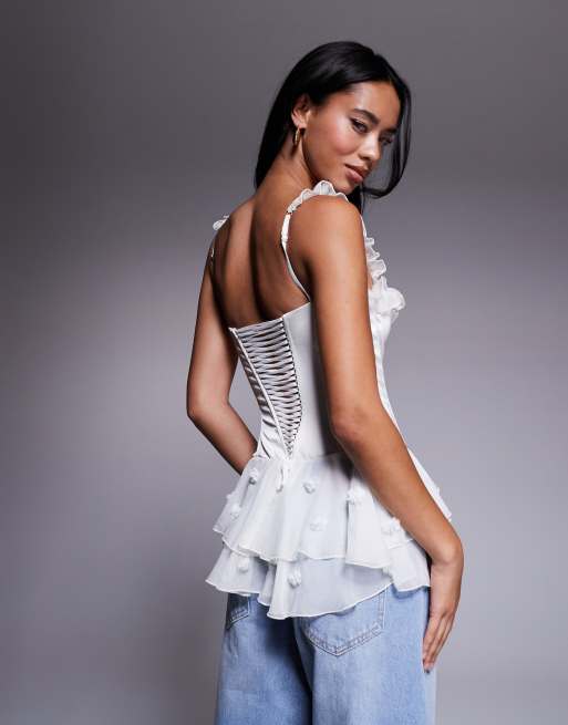 Oh Polly Caelie 3D floral applique ruffle romper in white