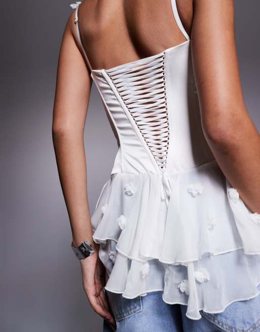 Oh Polly Caelie 3D floral applique ruffle romper in white