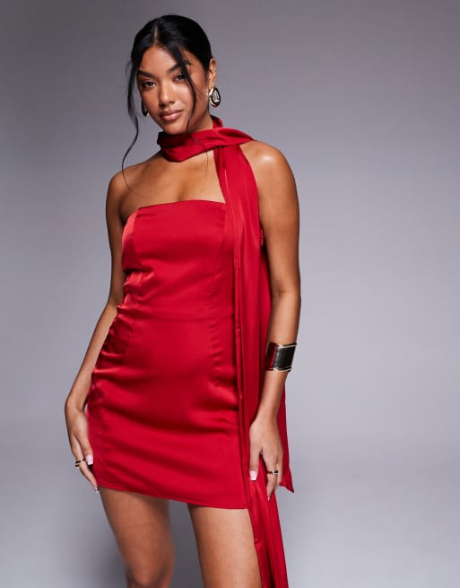strapless open back dress Deep Red Satin Bandeau Mini Dress main image 0