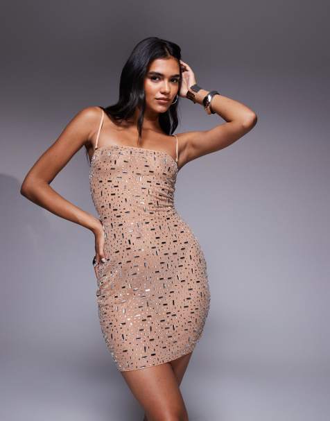 Oh Polly Caprice embellished strapless mini dress in taupe - view 1