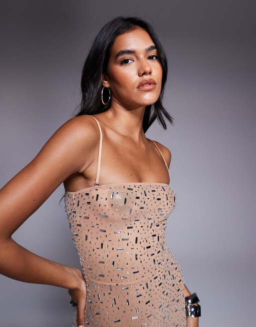 Oh Polly Caprice embellished strapless mini dress in taupe | ASOS