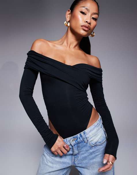 Oh Polly Ceyln modal off shoulder ruched bodysuit in black