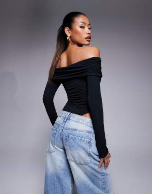Oh Polly Ceyln Modal Off Shoulder Ruched Bodysuit In Black