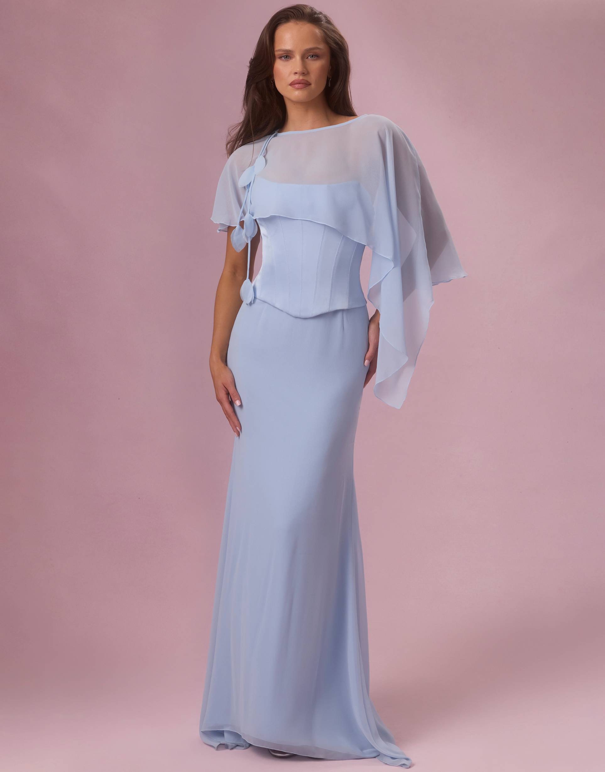 oh polly chiffon asymmetric detail cape in powder blue - part of a set