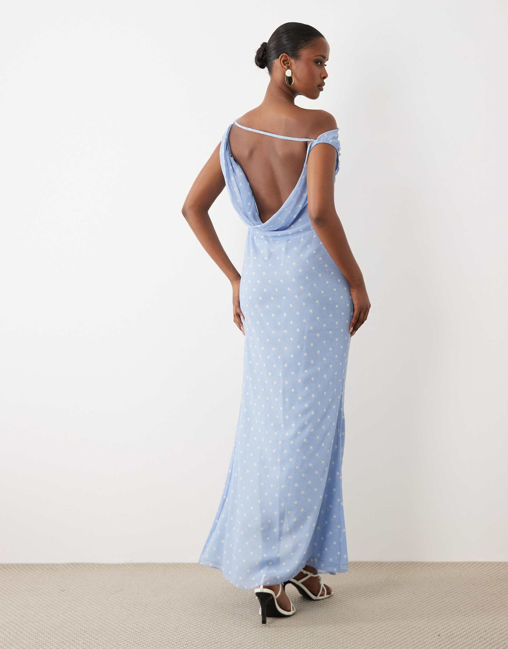 oh polly chiffon asymmetric one shoulder thigh high split maxi dress in blue polka dot