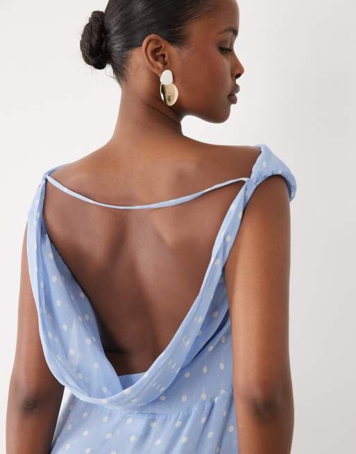 Oh Polly chiffon asymmetric one shoulder thigh high split maxi dress in blue polka dot, 2 of 4