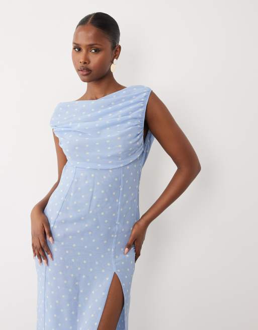 Oh Polly chiffon asymmetric one shoulder thigh high split maxi dress in blue polka dot, 3 of 4