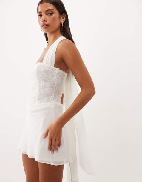 Oh Polly chiffon halter neck lace corset mini dress in white - view 1