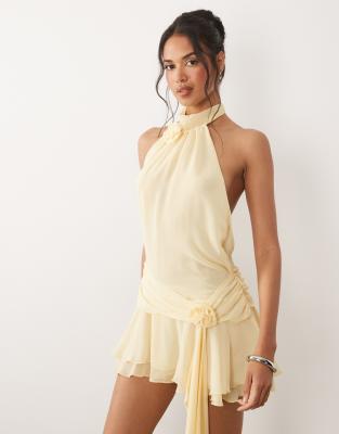 Oh Polly chiffon halter neck rosette detail draped waist mini dress in butter ye