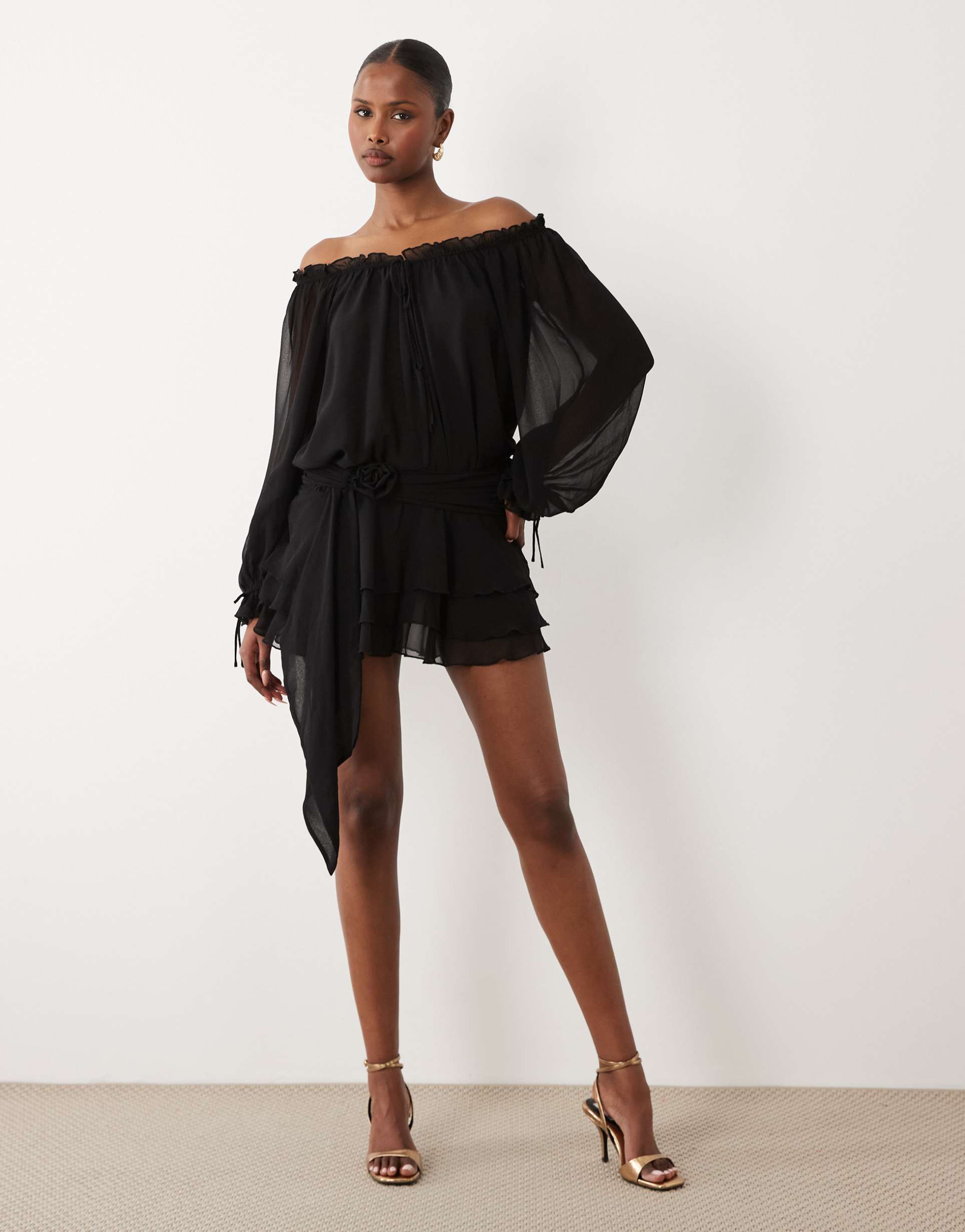 oh polly chiffon off shoulder balloon sleeve layered skirt tie detail mini dress in black