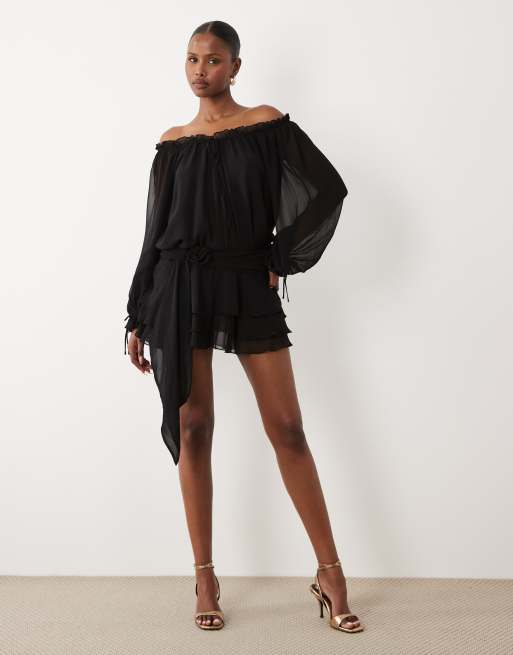 Oh Polly chiffon off shoulder balloon sleeve layered skirt tie detail mini  dress in black | ASOS