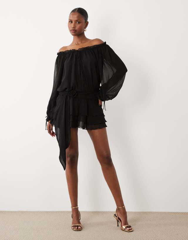 Off-Shoulder Balloon-Sleeve Mini Dress in Black - 14