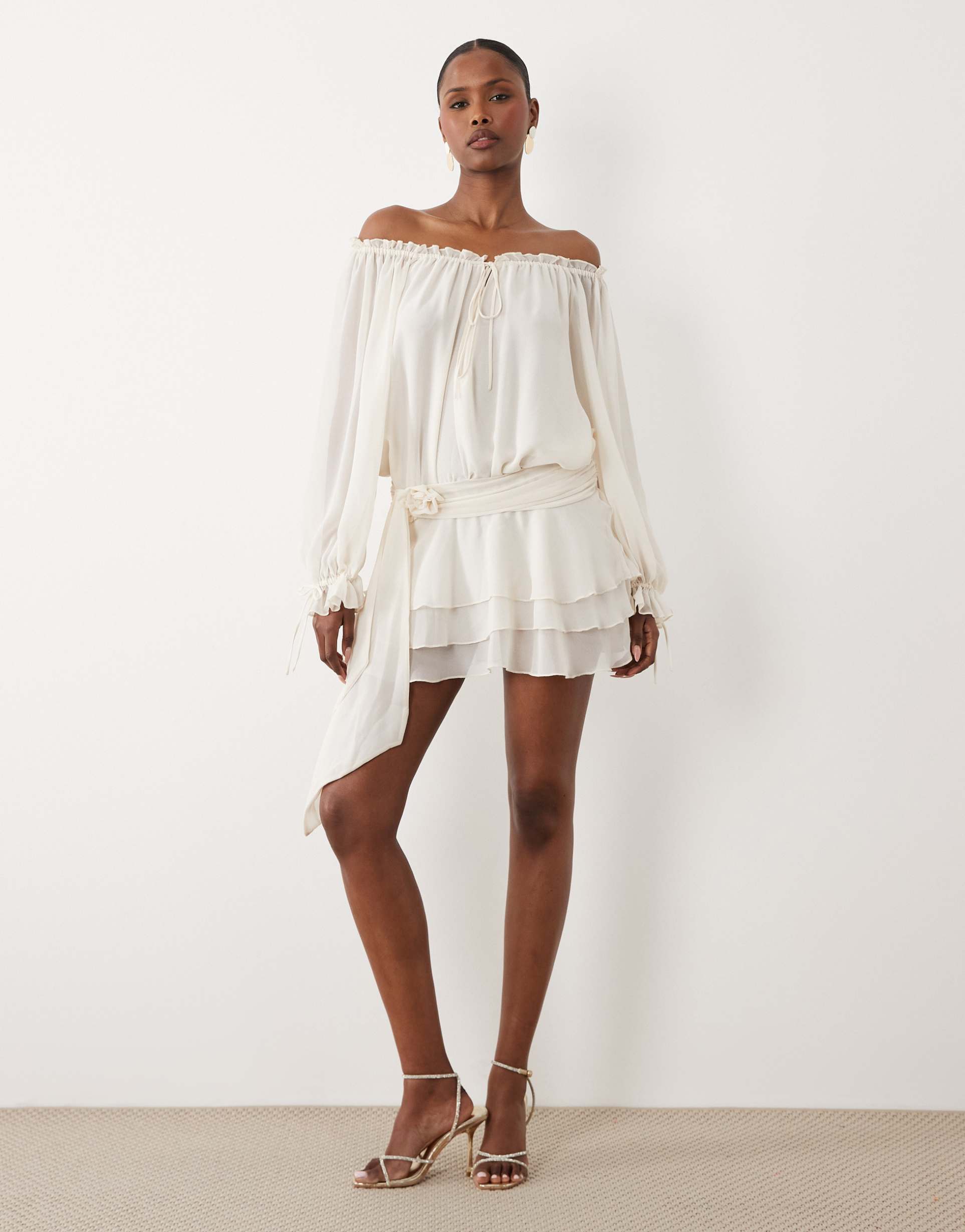 oh polly chiffon off the shoulder balloon sleeve layered skirt and tie detail mini dress in ivory