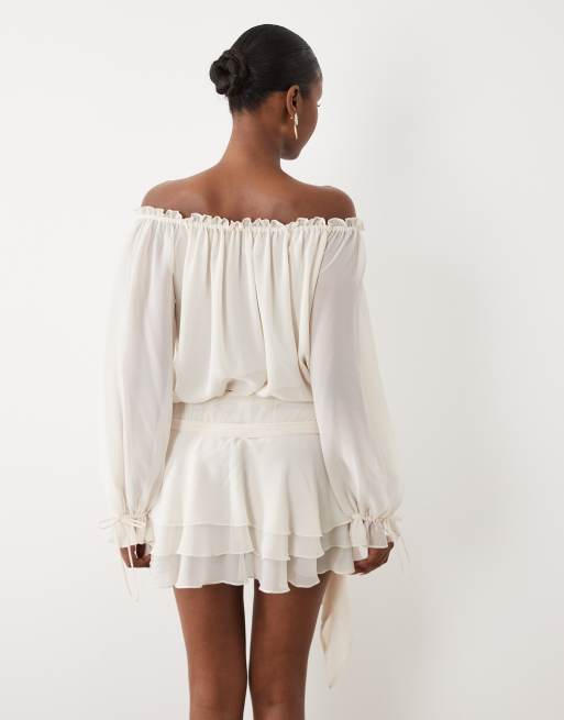 Oh Polly chiffon off the shoulder balloon sleeve layered skirt and tie detail mini dress in ivory, 4 of 4
