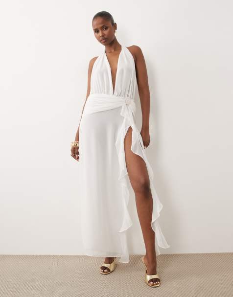 Oh Polly chiffon plunging halter neck beach maxi dress in white