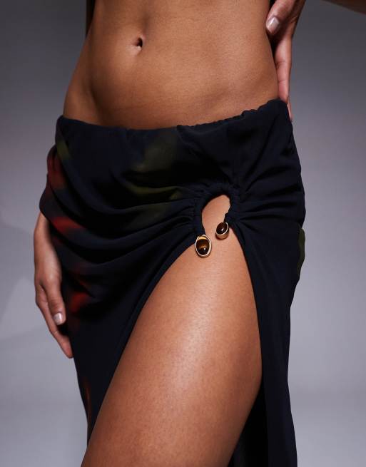 Oh Polly chiffon thigh split maxi skirt in red blurred print - part of a set
