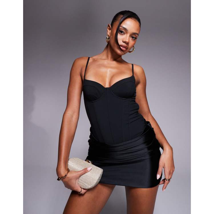 Oh Polly contrast corset drop hem mini dress in black ASOS