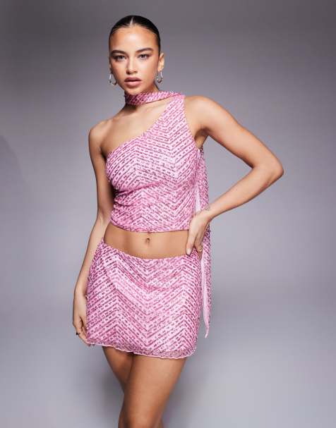 Oh Polly - Cosette - Ensemble mini-jupe et top foulard asymétrique pailleté - Rose - view 1