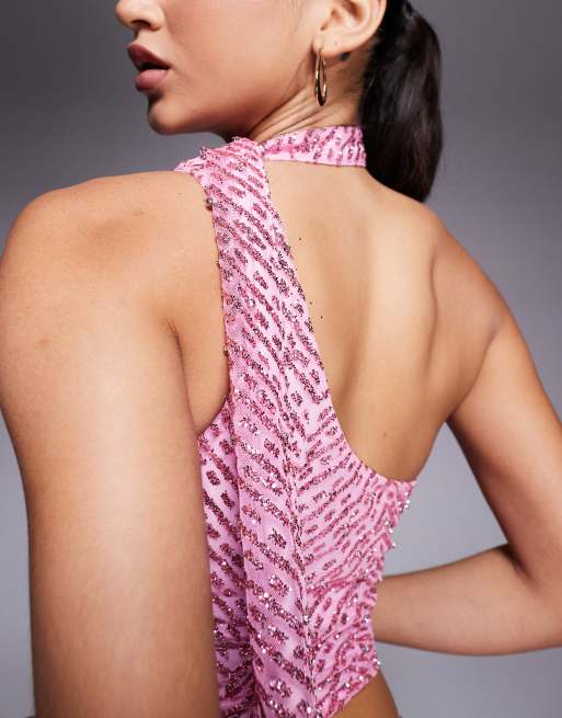 Oh Polly Cosette glitter embellished one shoulder scarf top co-ord in pink, 3 of 4