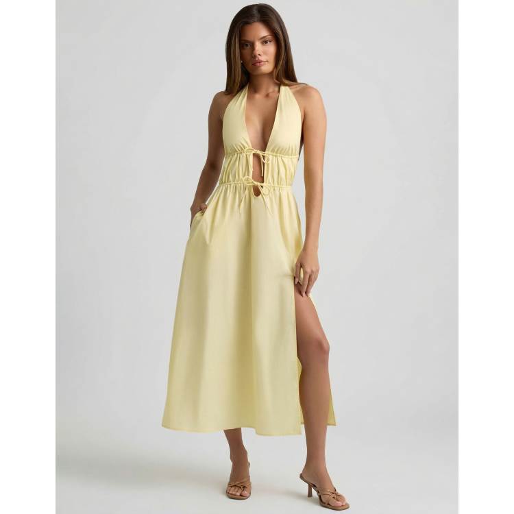 Oh Polly cotton halter neck backless thigh split midi dress in yellow | ASOS