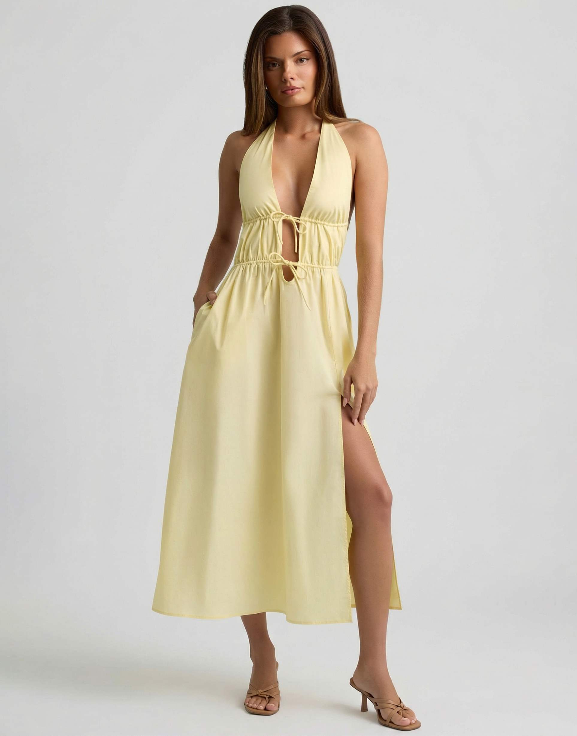 oh polly cotton halter neck backless thigh split midi dress in yellow