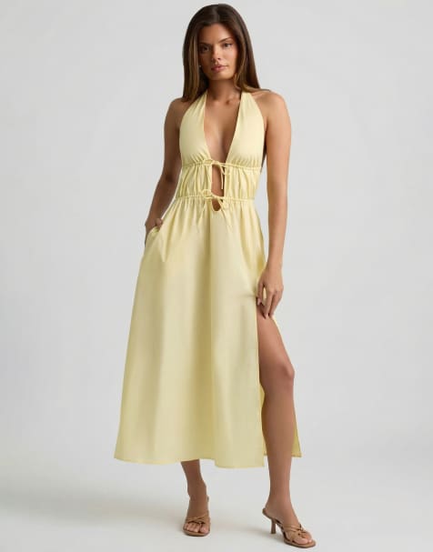 Oh Polly cotton halter neck backless thigh split midi dress in yellow