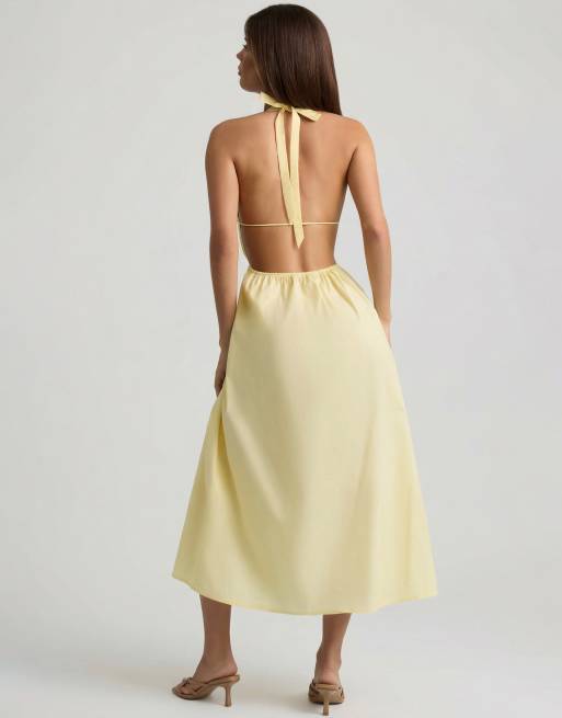 Oh Polly cotton halter neck backless thigh split midi dress in yellow, 2 of 4