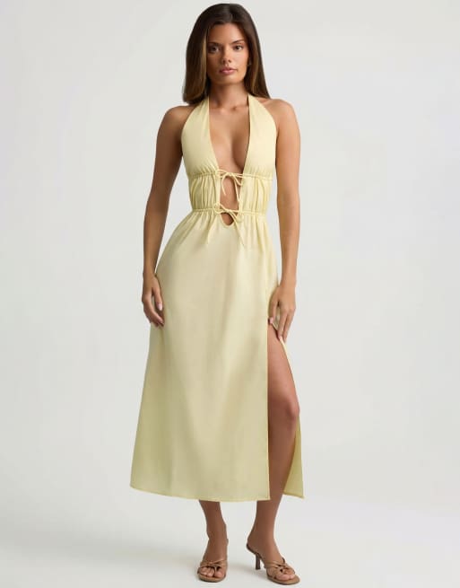 Oh Polly cotton halter neck backless thigh split midi dress in yellow, 4 of 4