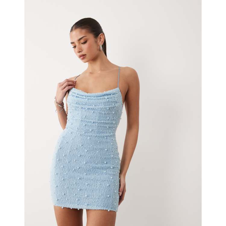 embellished cowl neck mini dress in blue Blue Crystal Embellished Cowl Neck Mini Dress | Dresses