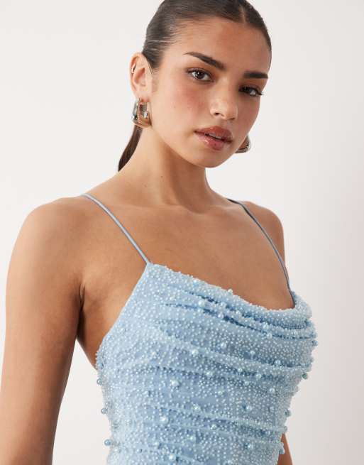 Oh Polly cowl neck embellished mini dress in light blue | ASOS