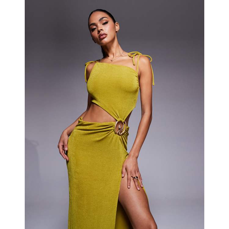 Oh Polly cowl neck textured jersey cut-out maxi dress in olive green | ASOS
