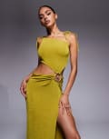 [Oh Polly] Oh Polly cowl neck textured jersey cut-out maxi dress in olive green-Brown 10 Olive Green