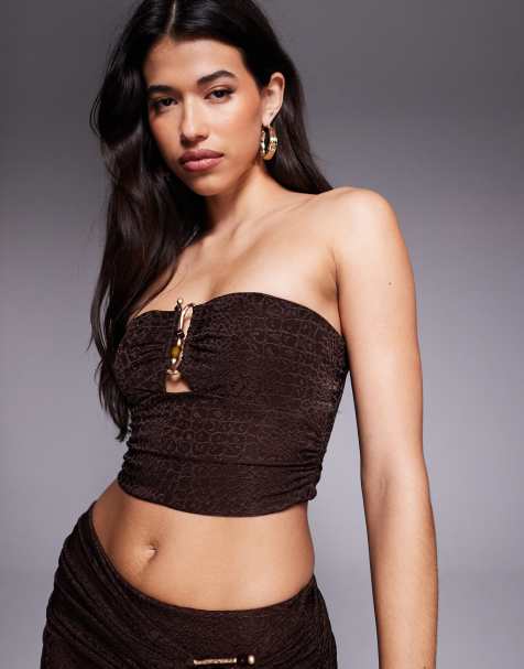 Oh Polly croc jersey bandeau top in dark chocolate (Part of a set) - view 1