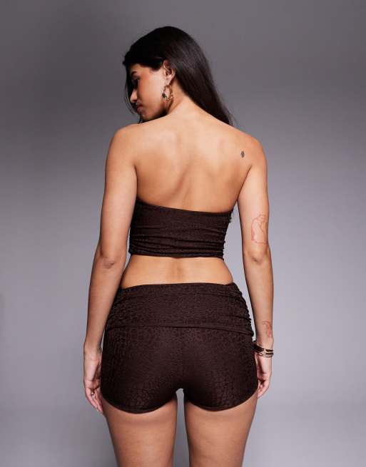 Oh Polly croc jersey ruched shorts co-ord in dark chocolate, 5 of 5