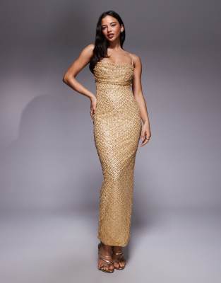 Oh Polly Crystal Square Neck Cami Bodycon Maxi Dress In Gold