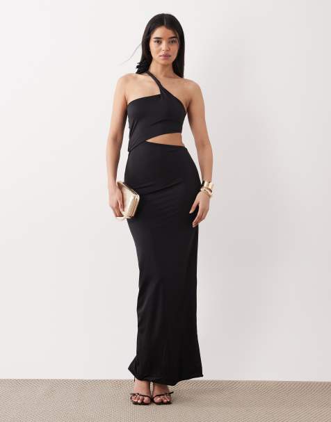 Oh Polly slinky one shoulder cut out corsage detail maxi dress in black