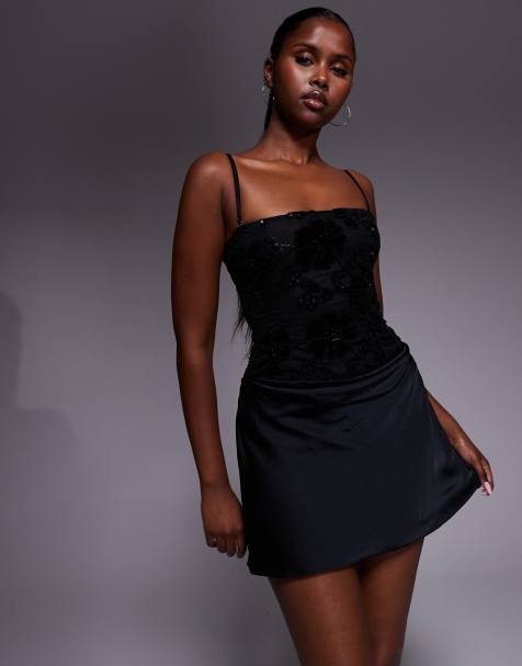 Oh Polly drape skirt mini dress with detachable straps in black 