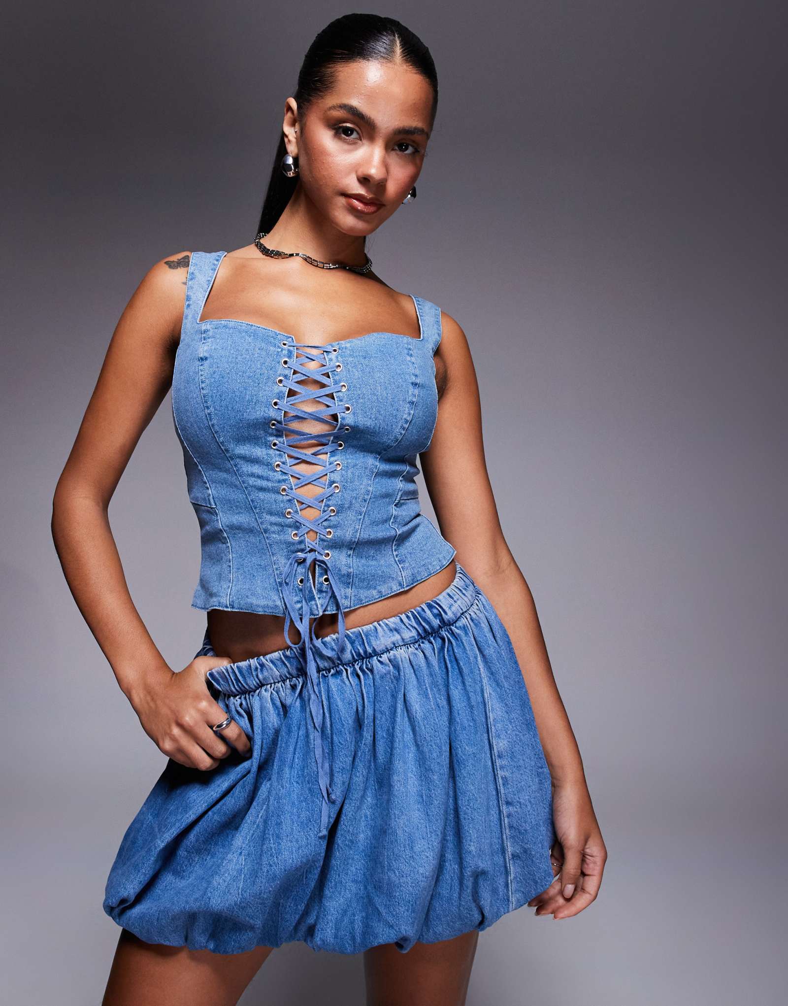 Корсетный топ Oh Polly Danna на шнуровке темно-синего цвета из каменной ваты