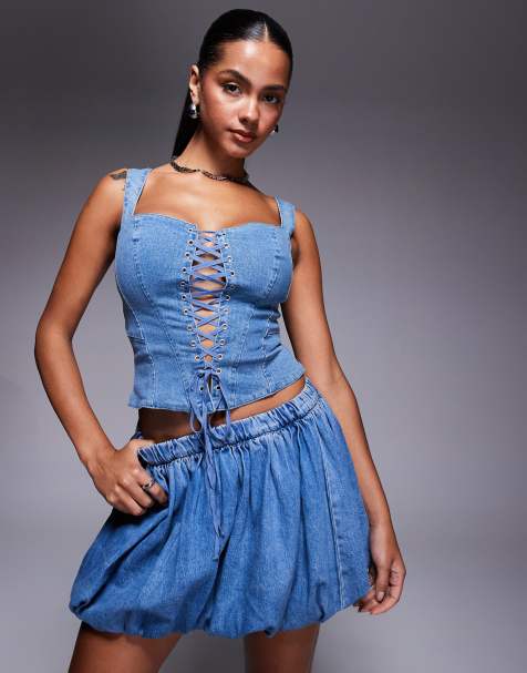Oh Polly Danna lace-up corset top in mid blue stonewash