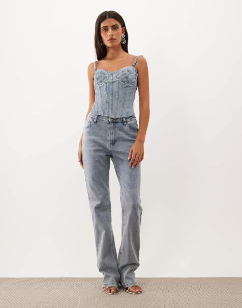 Oh Polly denim corset and jeans co-ord in mid wash blue - view 1