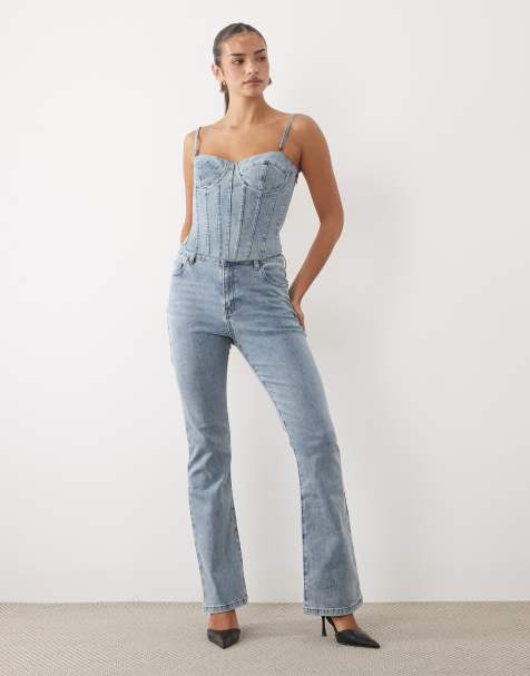 Oh Polly denim corset and jeans co-ord in mid wash blue - view 1