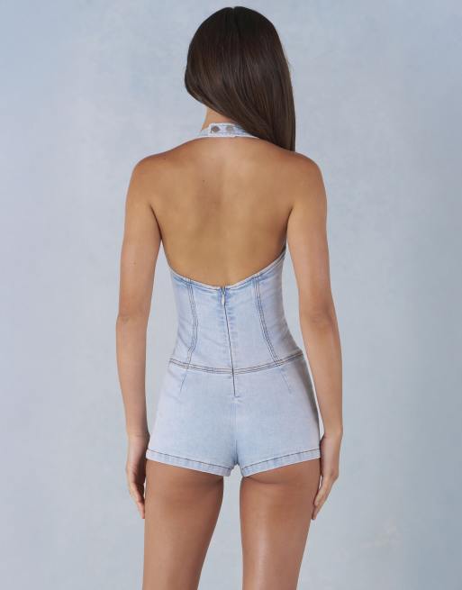 Oh Polly denim halter neck lace detail romper in stone wash blue , 3 of 4
