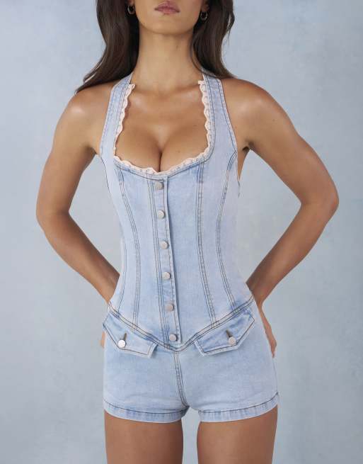 Oh Polly denim halter neck lace detail romper in stone wash blue , 4 of 4