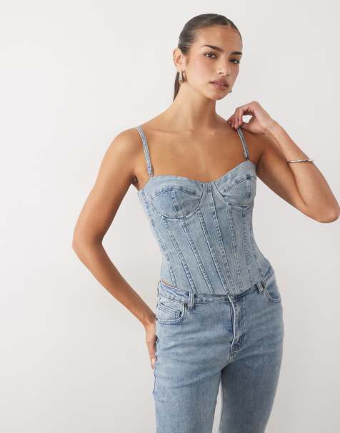 Oh Polly denim lace up corset co-ord in light blue wash - view 1