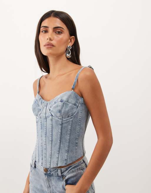 Oh Polly denim corset and jeans co-ord in mid wash blue, 3 of 3