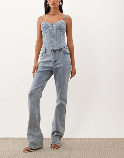 Oh Polly denim low rise flare jeans in mid blue wash (part of a set) - view 1