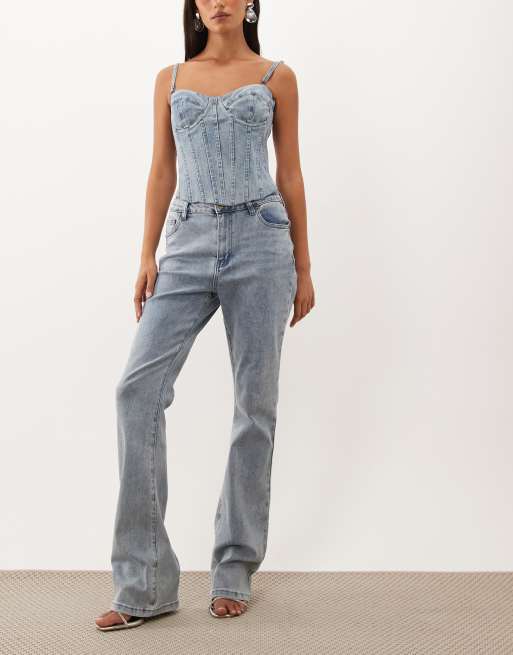 Oh Polly denim corset and jeans set in mid wash blue, 2 of 3