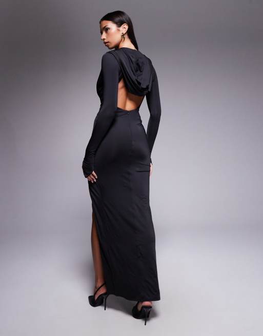 Oh Polly Desdemona hooded plunge neck thigh slit maxi dress in black | ASOS
