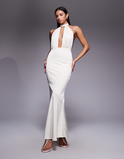 Oh Polly Desiree halter neck satin maxi dress in ivory